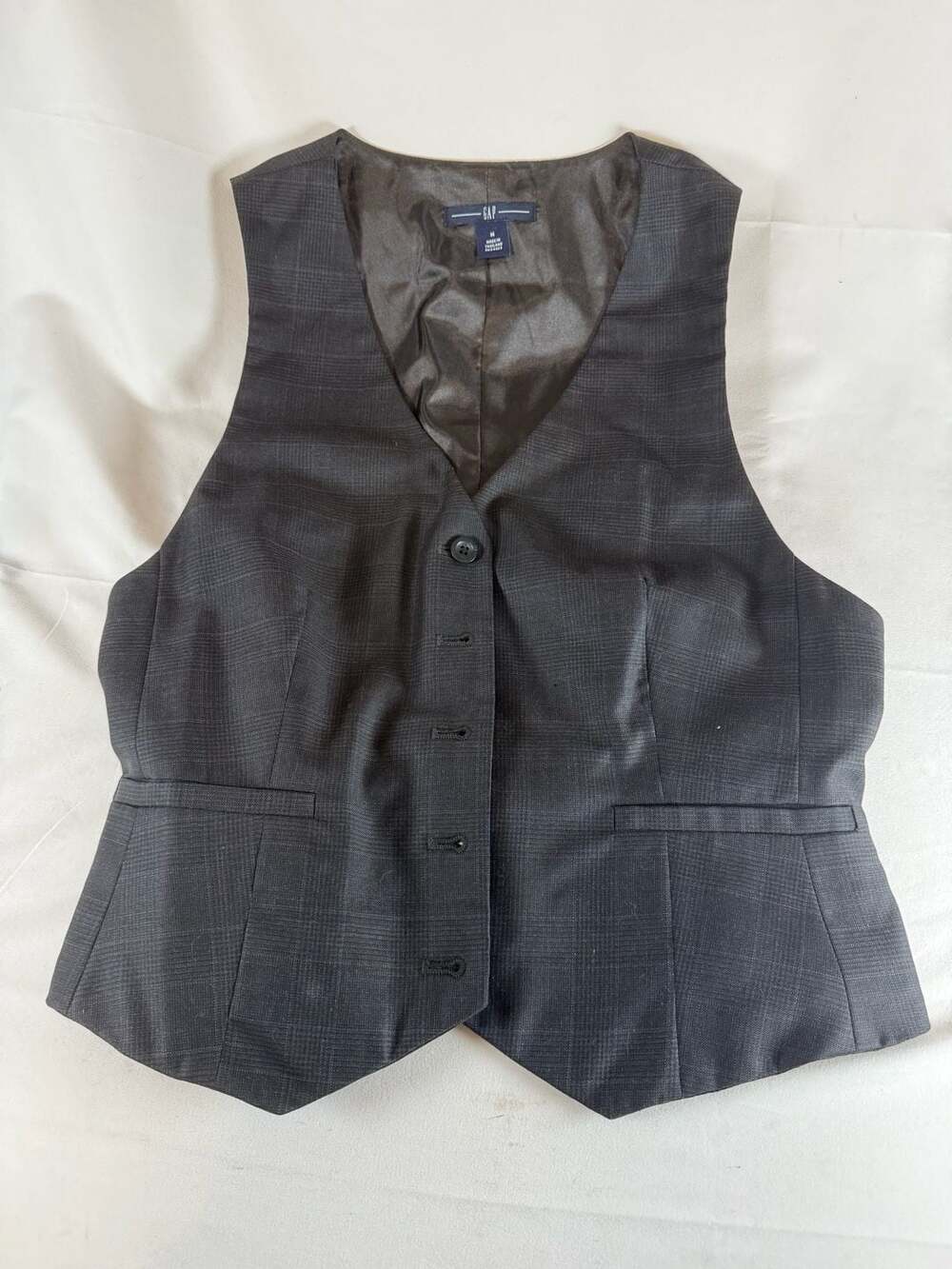 Gap Womens Wool Blend Plaid Suit Vest Size M Gray Formal Waistcoat Quiet Luxury